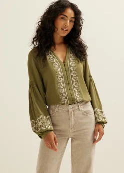 Outlet Cotton Club Blouse met borduurdetails groen,army