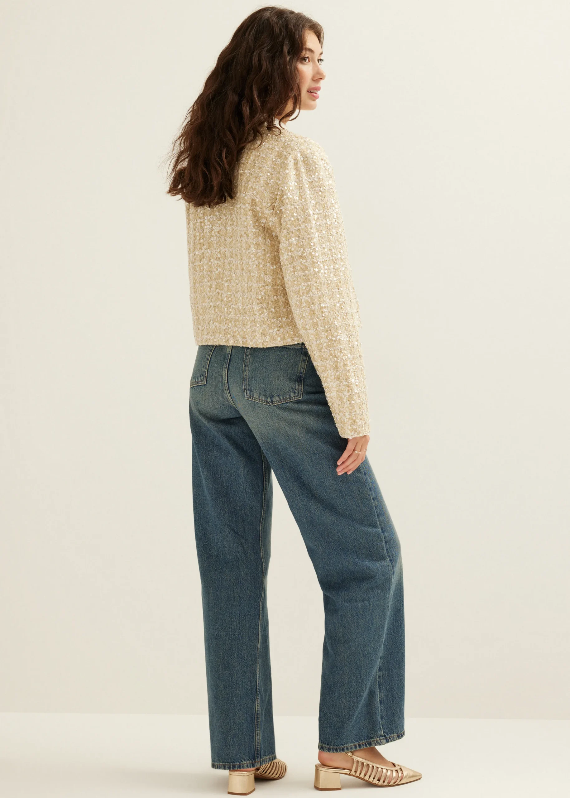 Online Cotton Club Boucle jasje met pailletten lichtzand