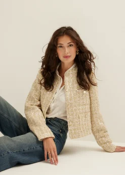 Online Cotton Club Boucle jasje met pailletten lichtzand