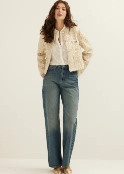 Online Cotton Club Boucle jasje met pailletten lichtzand