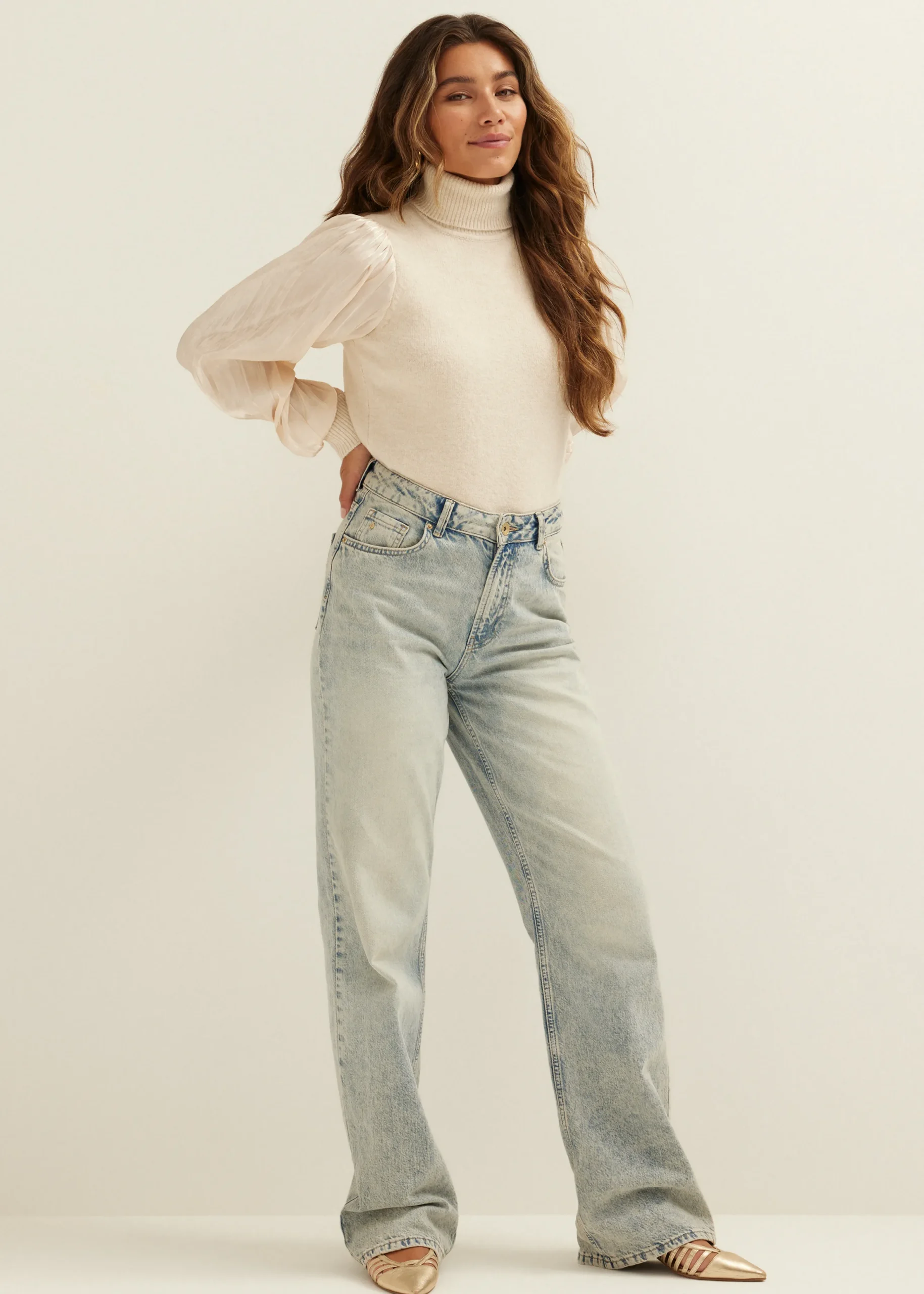 Fashion Cotton Club Col trui met satijnen mouw zandgemêleerd