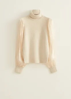 Fashion Cotton Club Col trui met satijnen mouw zandgemêleerd