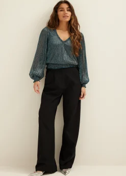 Sale Cotton Club Glitter top met v-hals donkeraqua