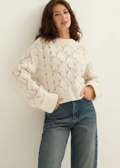 Online Cotton Club Kabeltrui met ajour details ecru