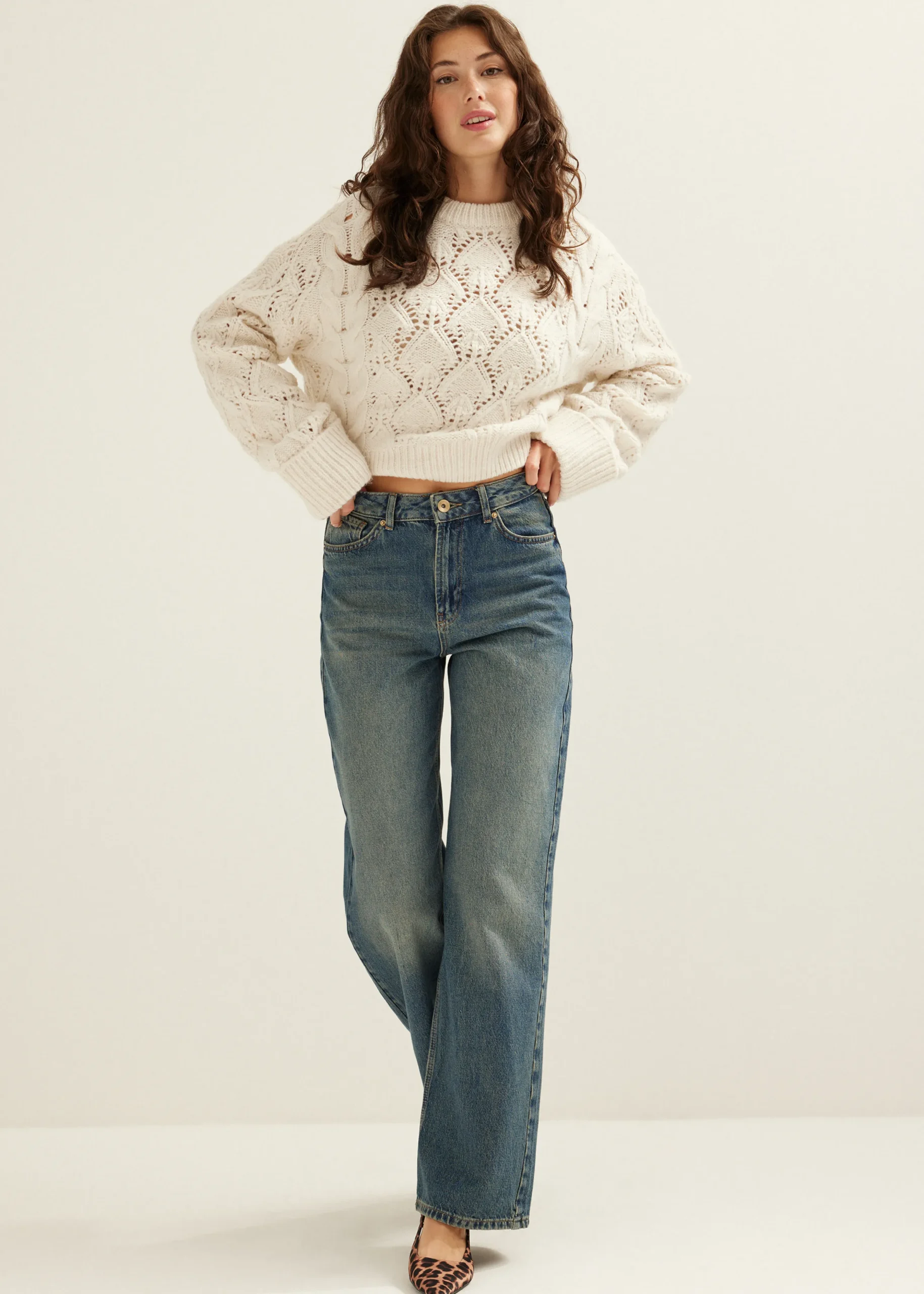 Online Cotton Club Kabeltrui met ajour details ecru