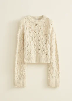 Online Cotton Club Kabeltrui met ajour details ecru