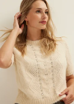 Online Cotton Club Kabeltrui met diamantjes zand