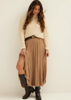 Online Cotton Club Maxi pliss&eacute; rok tan