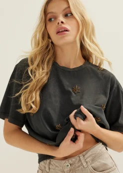 Outlet Cotton Club Oversized t-shirt met kralen antraciet