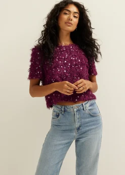 New Cotton Club Pailletten top aubergine,donker