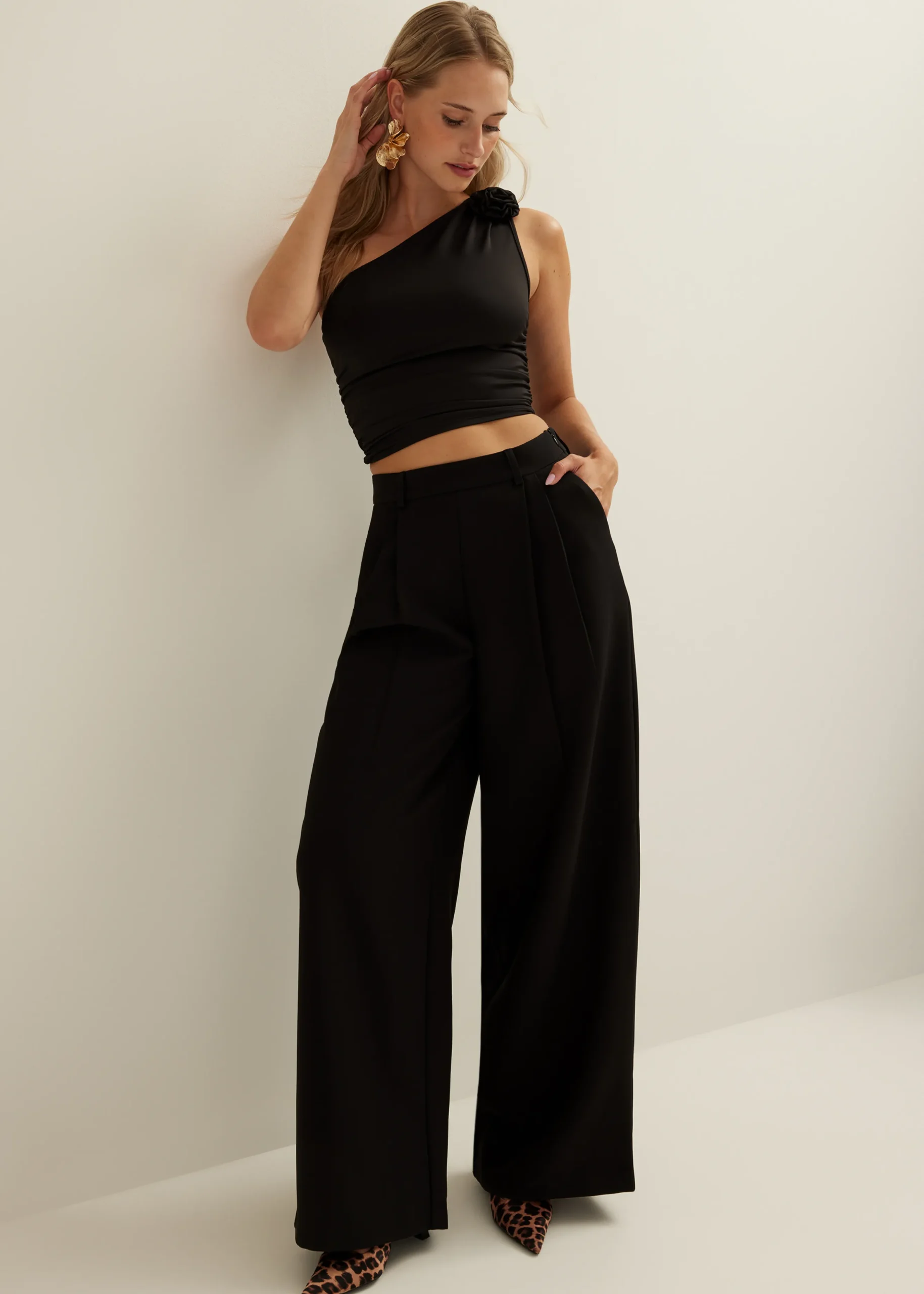 Clearance Cotton Club Pantalon met geplooide details zwart