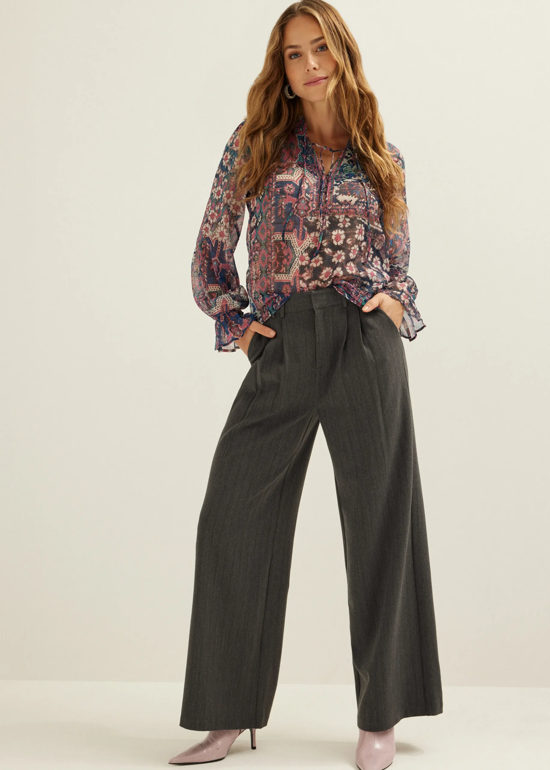 New Cotton Club Pantalon met wide leg antracietgemêleerd