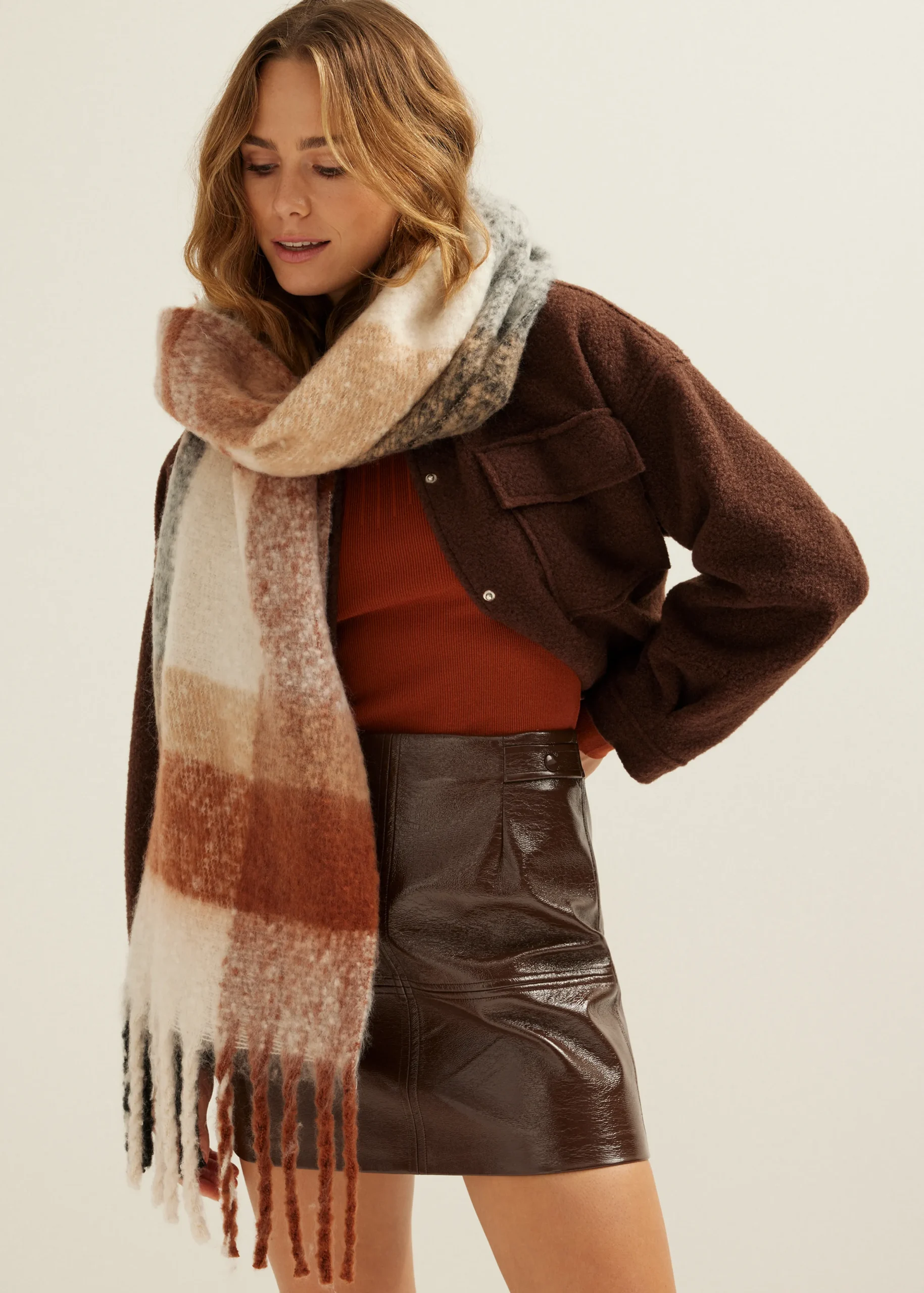 Clearance Cotton Club Sjaal met ruit print bruin