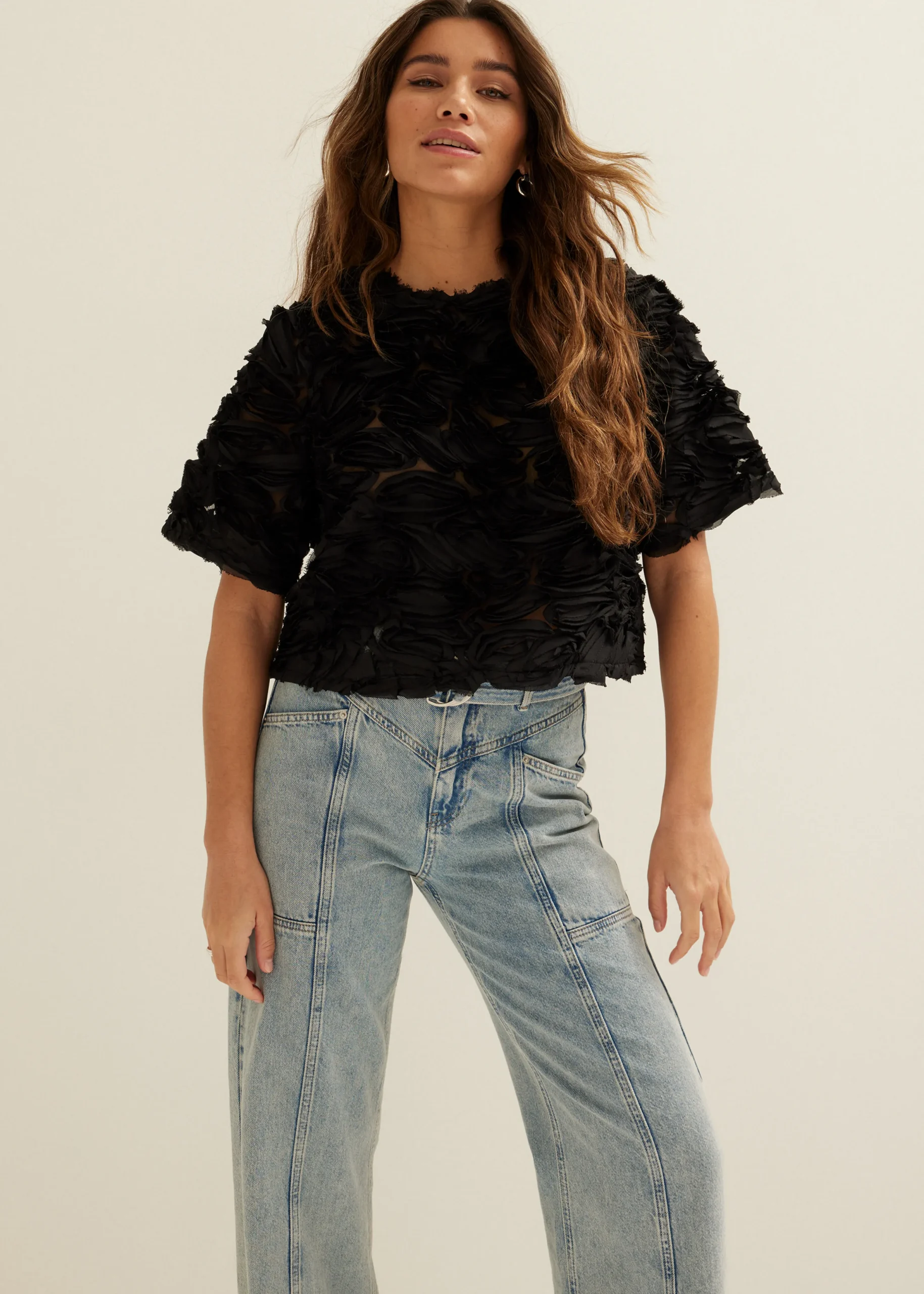 New Cotton Club Top met chiffon details zwart