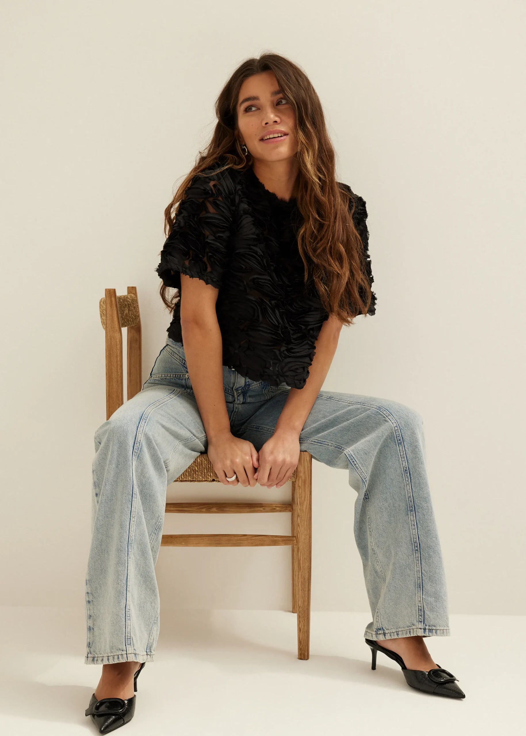 New Cotton Club Top met chiffon details zwart