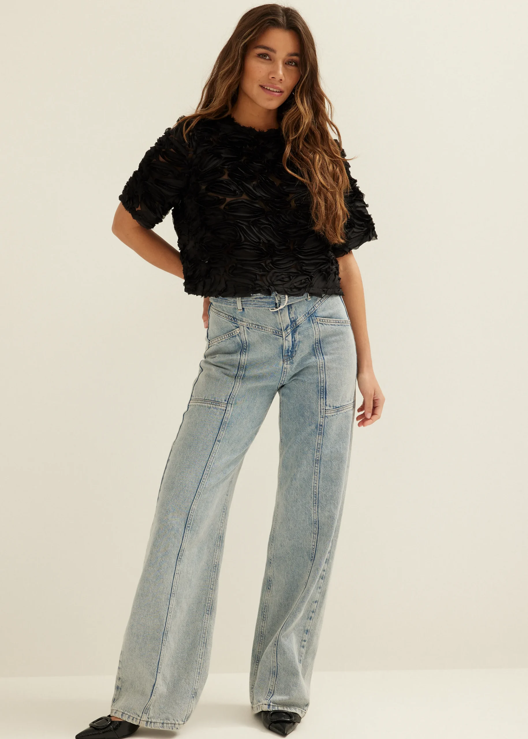 New Cotton Club Top met chiffon details zwart