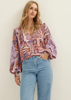 New Cotton Club Top met crochet details lila,midden