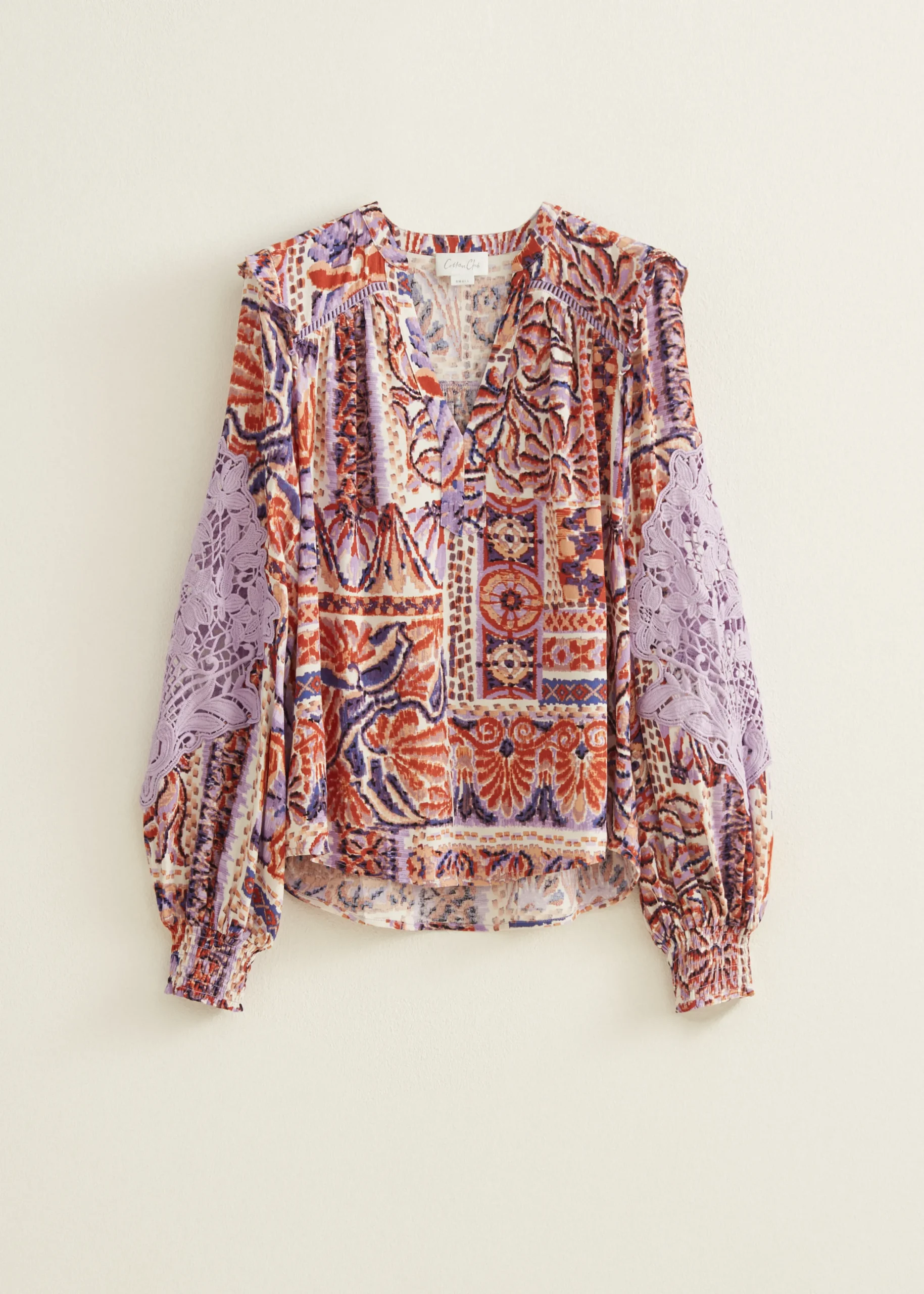 New Cotton Club Top met crochet details lila,midden