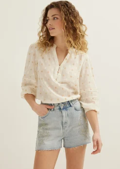 Sale Cotton Club Top met geborduurde print lichtzand
