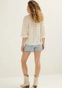 Sale Cotton Club Top met geborduurde print lichtzand