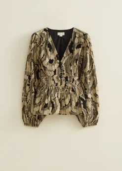 Fashion Cotton Club Top met jacquard patroon goud
