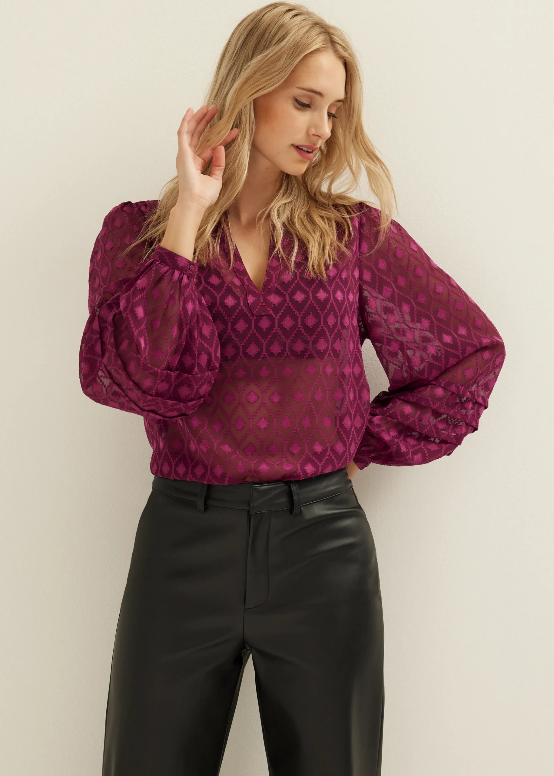 Clearance Cotton Club Top met wijde mouwen aubergine,donker