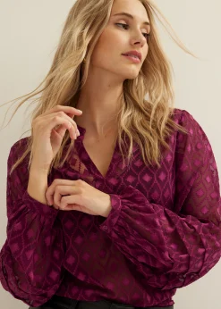 Clearance Cotton Club Top met wijde mouwen aubergine,donker