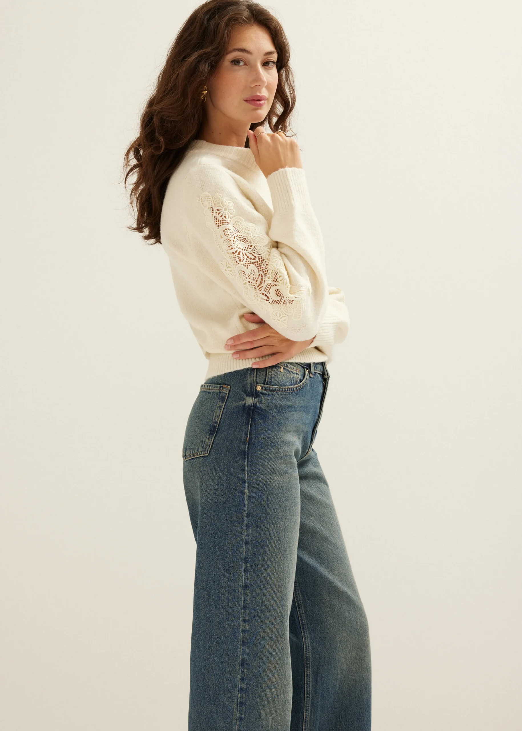 Discount Cotton Club Trui met kant details lichtzand