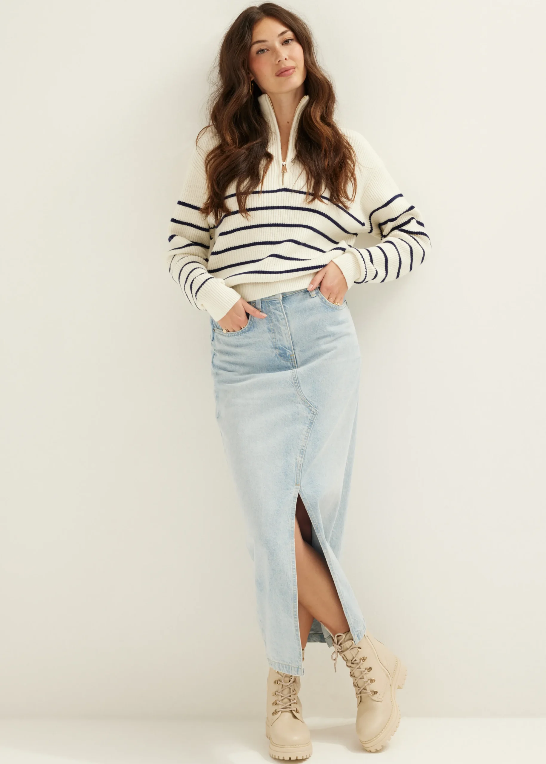 Fashion Cotton Club Trui Streep Rits donkerblauw