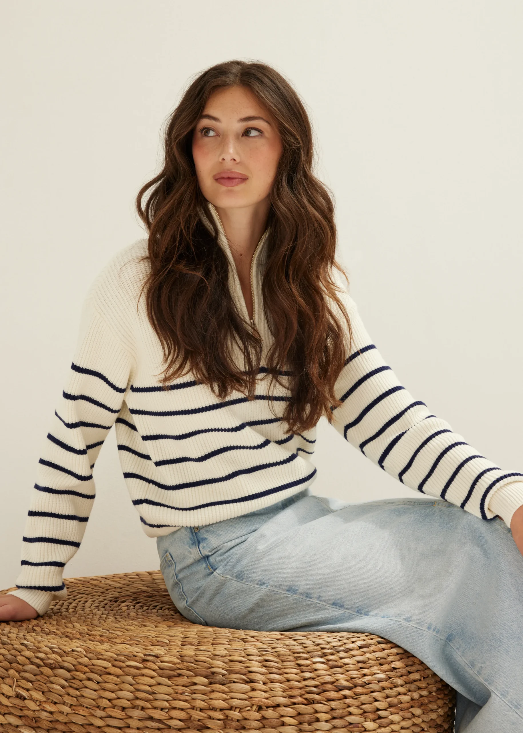 Fashion Cotton Club Trui Streep Rits donkerblauw