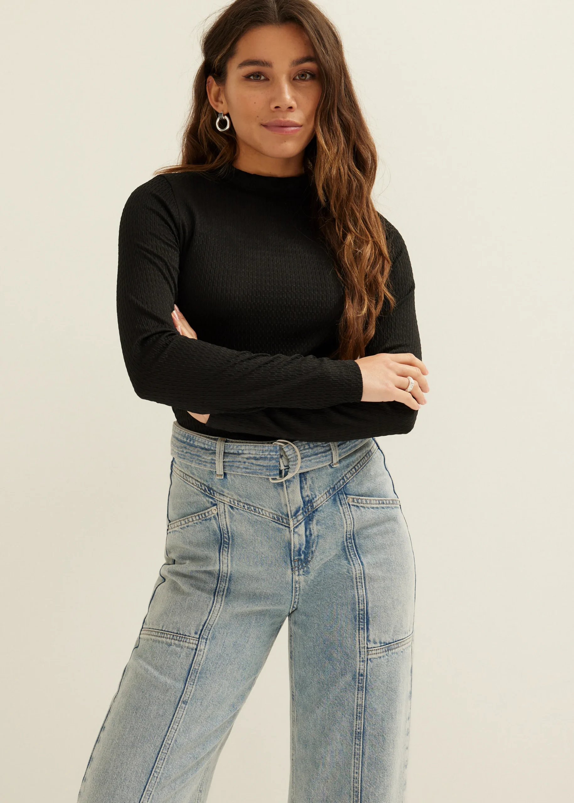Outlet Cotton Club T-shirt lange mouw met structuur zwart