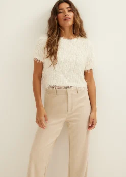 Outlet Cotton Club T-shirt met fringes ecru