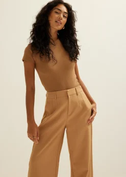 New Cotton Club t-shirt met rib structuur camel