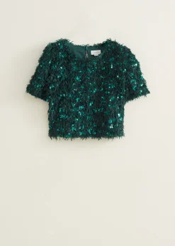Best Cotton Club T-shirt met veren en pailletten donkeraqua