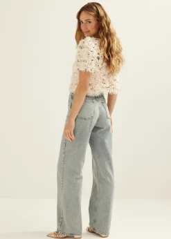 Outlet Cotton Club T-shirt met veren en pailletten nude