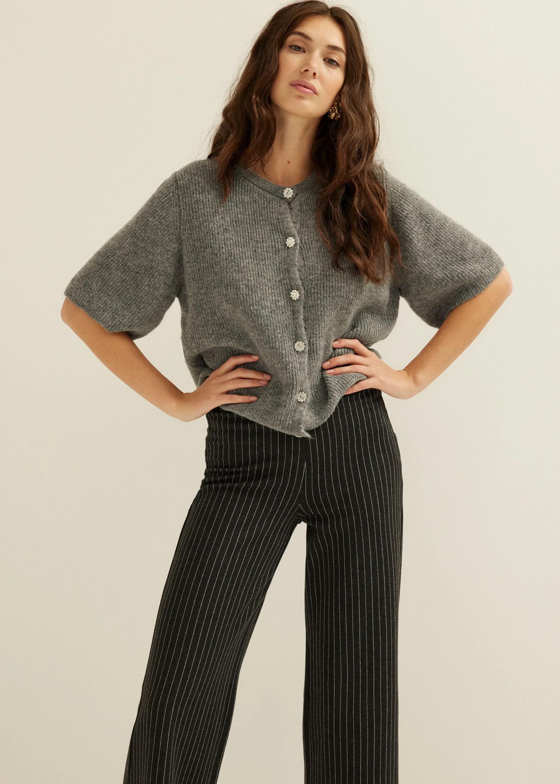 Hot Cotton Club Vest met strass knopen middengrijsgemêleerd